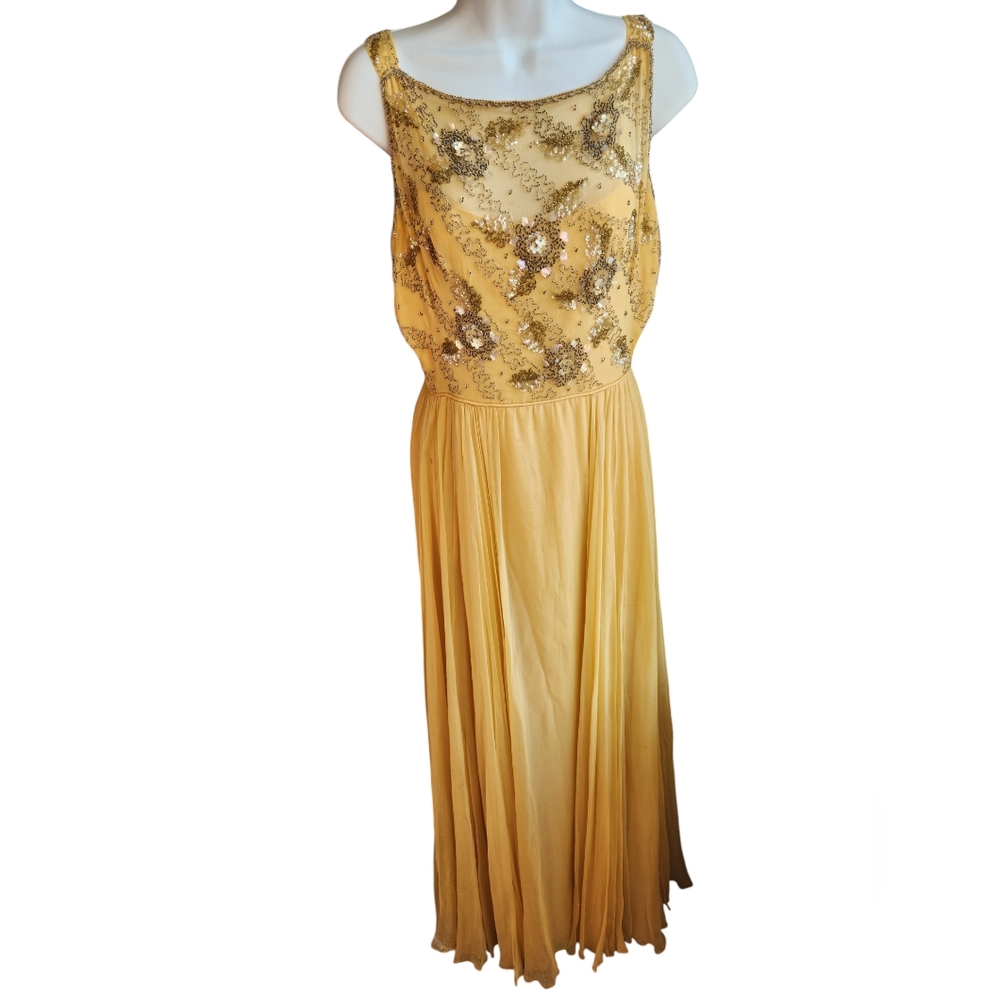 Malcom Starr Vintage 1960s Hand Beaded Yellow Silk Chiffon Dress Size?